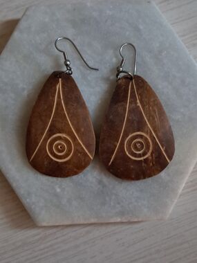 Handcrafted Brown Coconut Shell Teardrop Earrings
